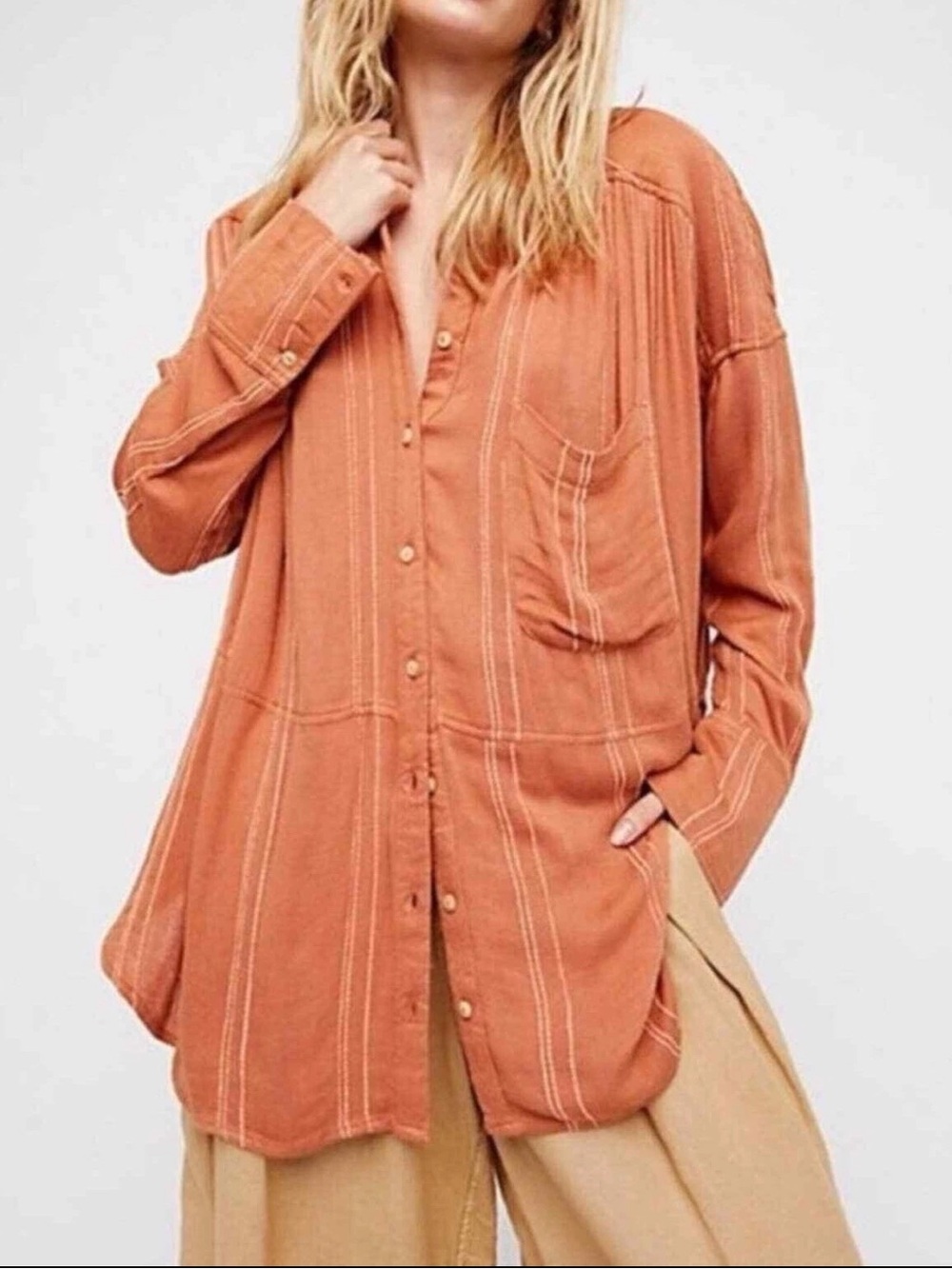 Free People Cozy Nights Top Orange Brown Gauzy Button Up Boho Relaxed S